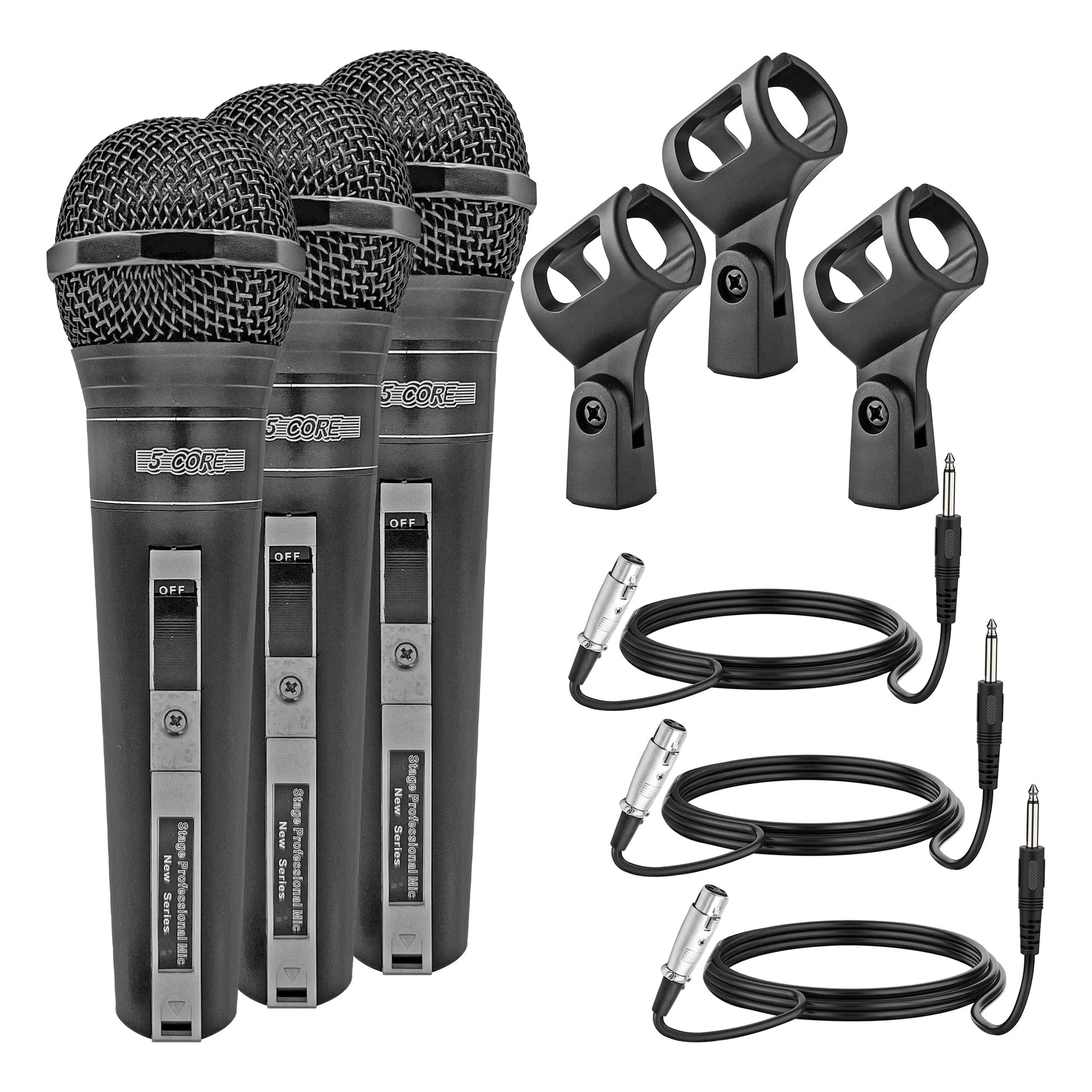 5 Core Microphone 3 Pieces Professional Black Dynamic Karaoke XLR Wired Mic w ON/OFF Switch Integrated Pop Filter Cardioid Unidirectional Pickup Handheld Micrófono for Singing DJ Podcast Speeches Includes Cable Mic Holder - PM 757 3PCS-0
