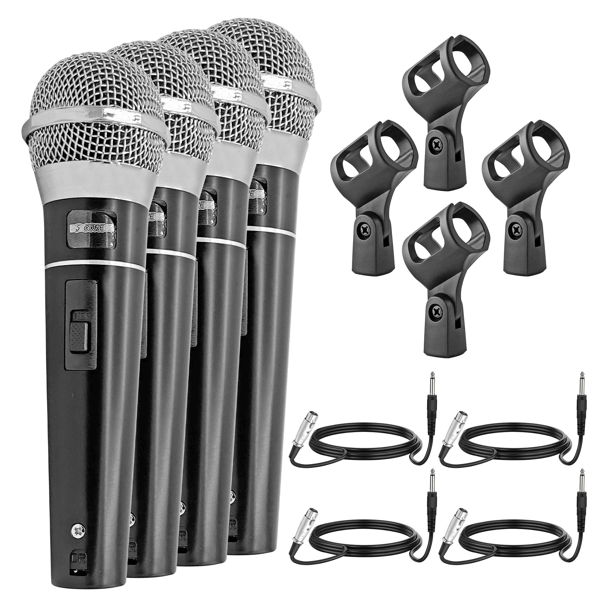 5 Core Microphone 4 Pieces Black Professional Karaoke Dynamic XLR Wired Mic w ON/OFF Switch Integrated Pop Filter Cardioid Unidirectional Pickup Handheld Micrófono for Singing DJ Speeches Includes Cable Mic Holder -PM 100 4PCS-0