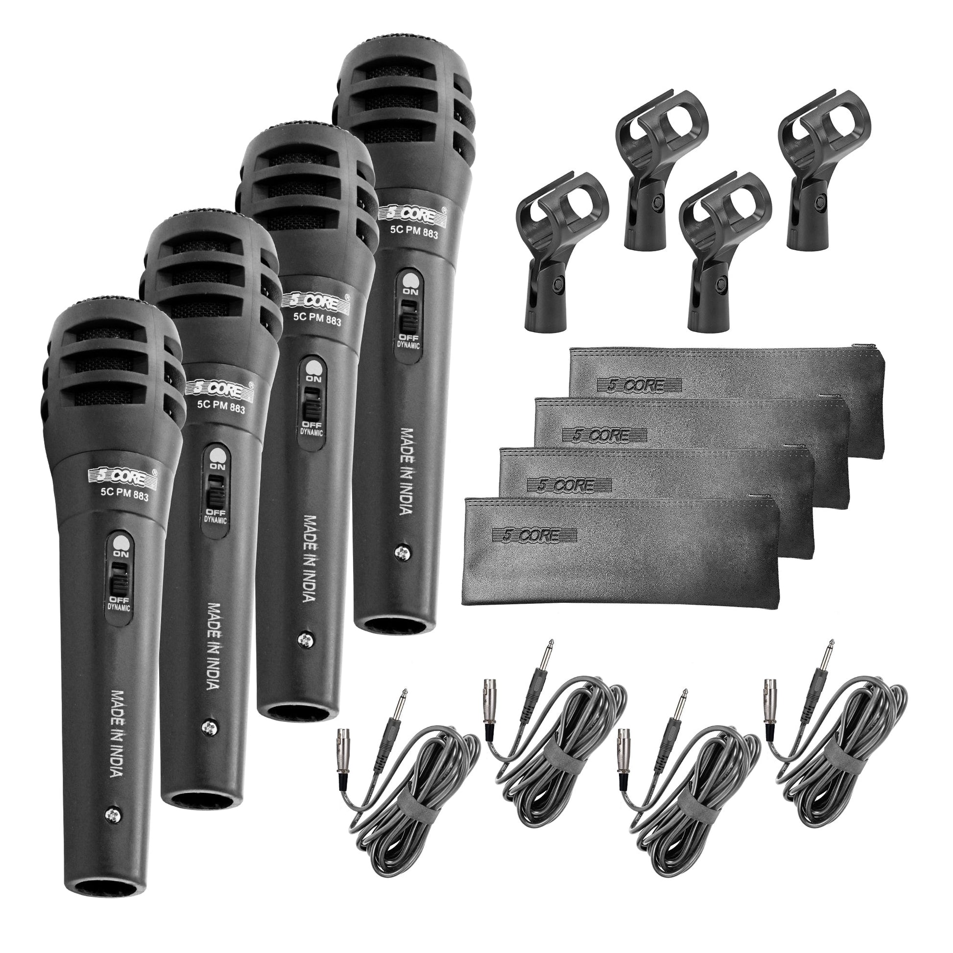 5 Core Microphone 4 Piece Professional Black Dynamic Karaoke XLR Wired Mic w ON/OFF Switch Integrated Pop Filter Cardioid Unidirectional Pickup Handheld Micrófono for Singing DJ Podcast Speeches Includes Cable Mic Holder Bag - PM-883 4PCS-0