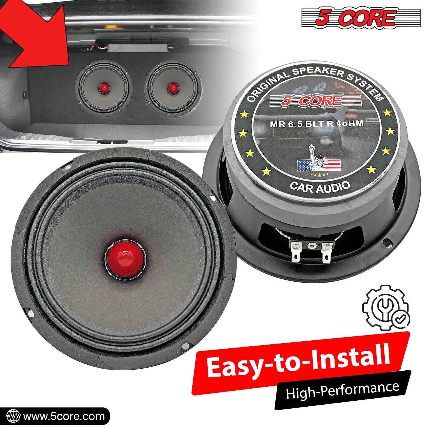 2x 6.5" Midrange Speaker Car Audio Speaker Red Bullet 2x Aluminum Tweeter 2600 W-15