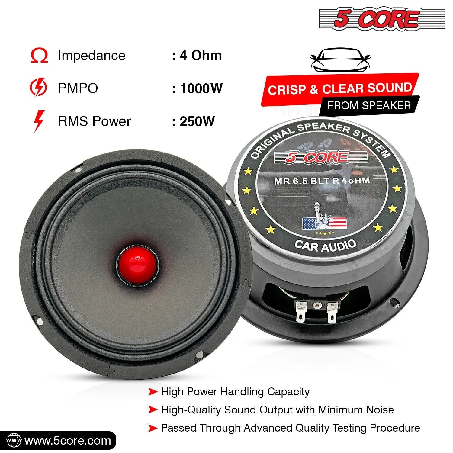 2x 6.5" Midrange Speaker Car Audio Speaker Red Bullet 2x Aluminum Tweeter 2600 W-5