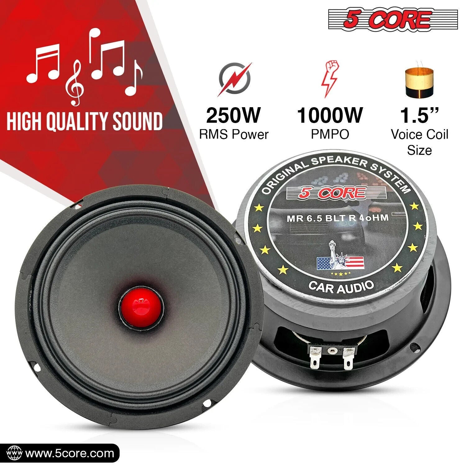 2x 6.5" Midrange Speaker Car Audio Speaker Red Bullet 2x Aluminum Tweeter 2600 W-6